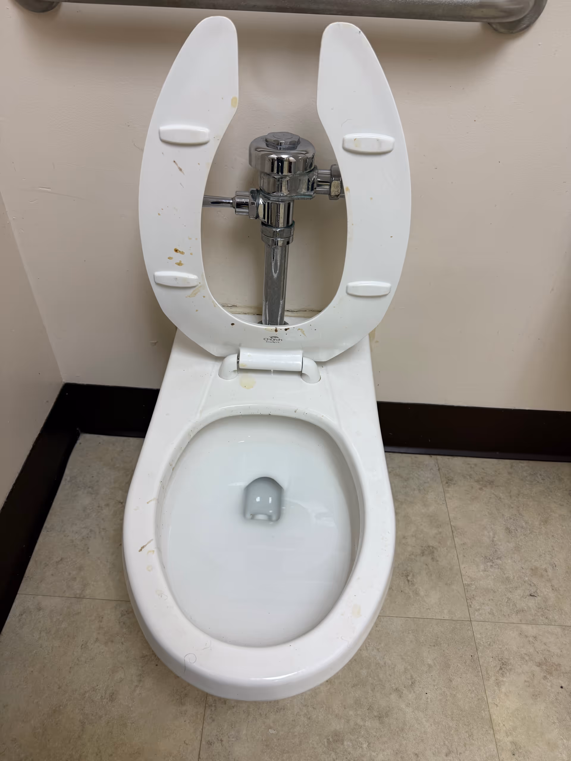 White toilet with raised seat and chrome plumbing in a beige restroom.