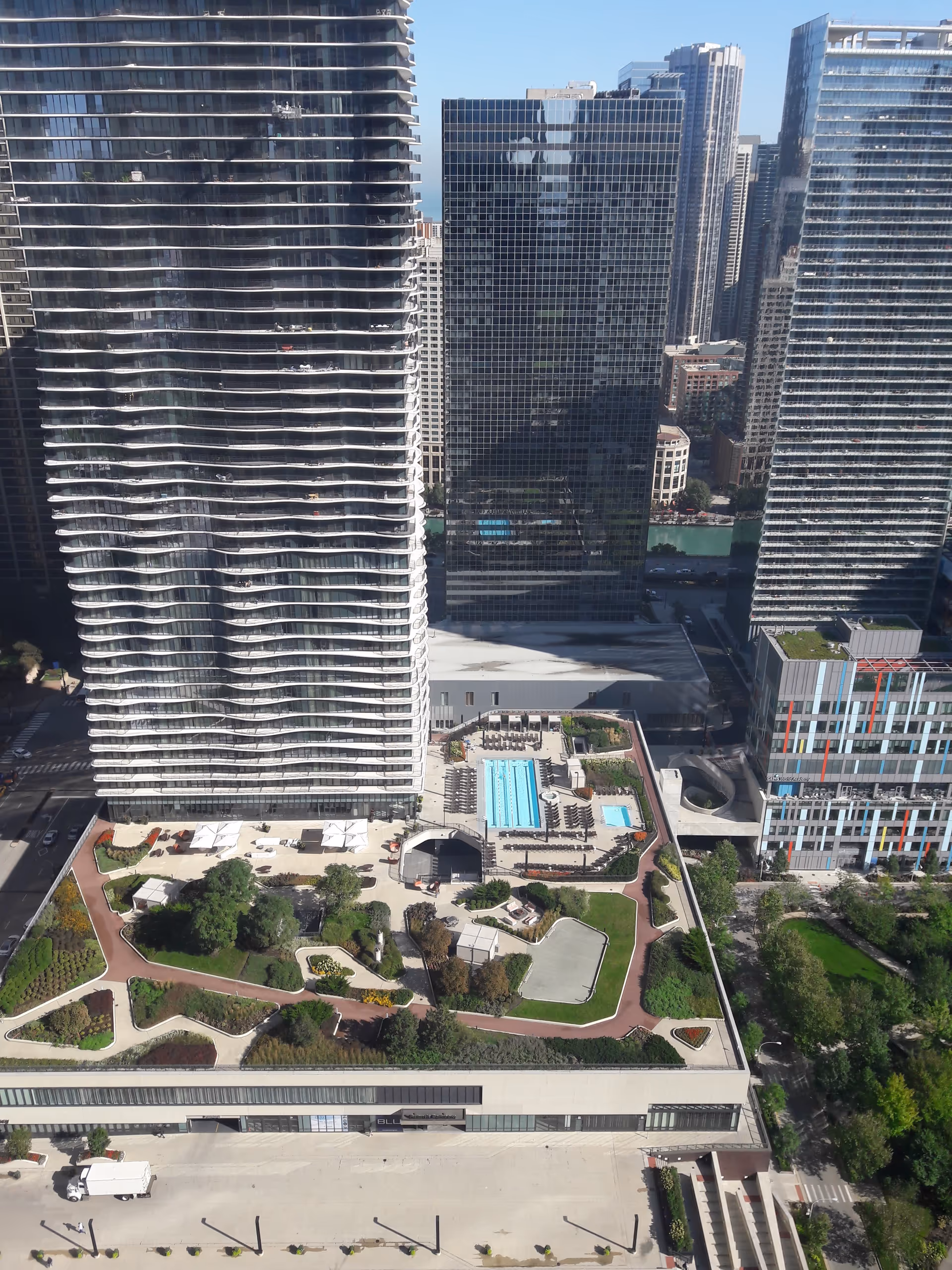 Rooftop garden and pool on a modern city skyscraper complex.