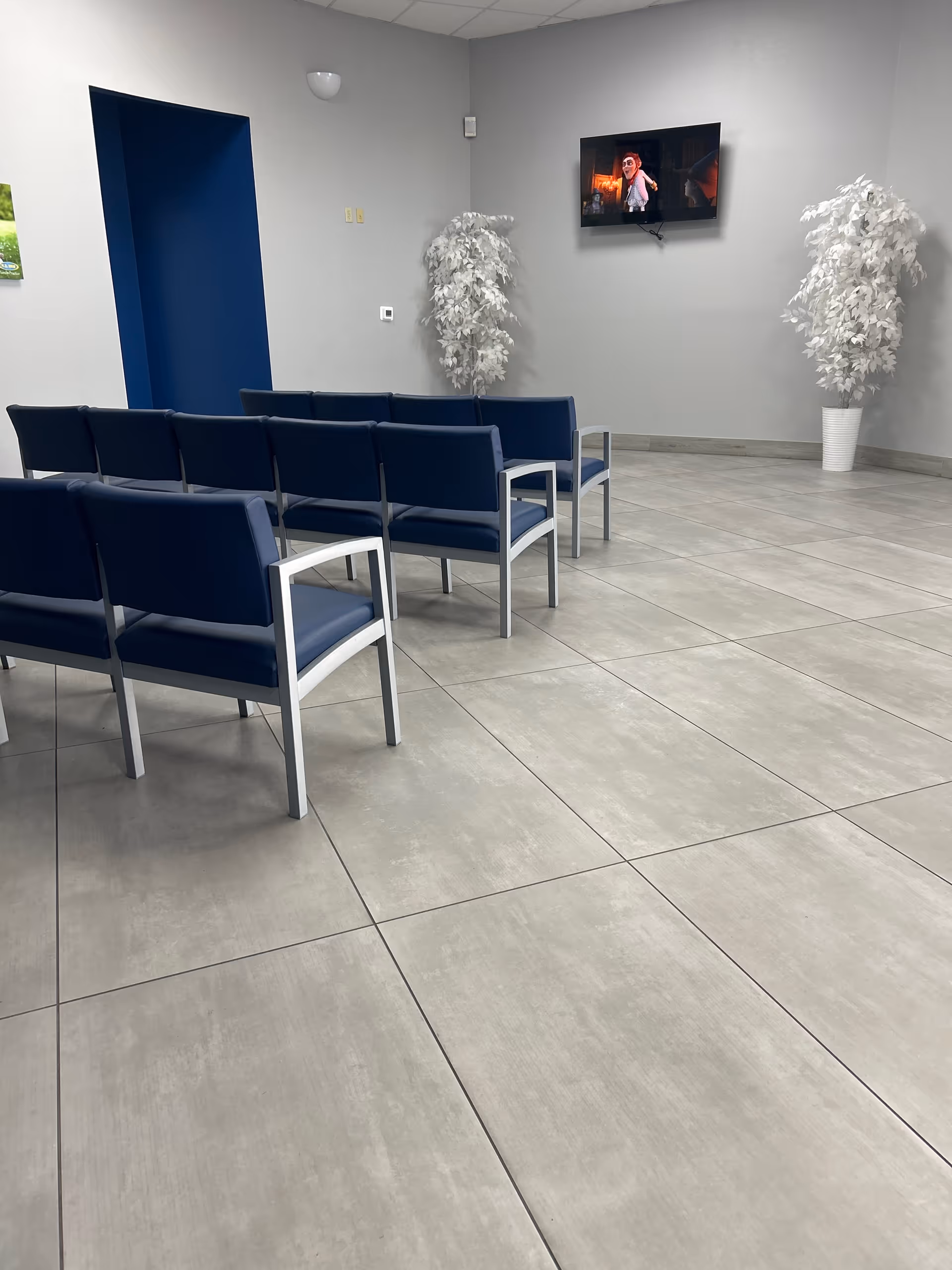 A waiting area with blue chairs facing a wall-mounted TV and two white trees.