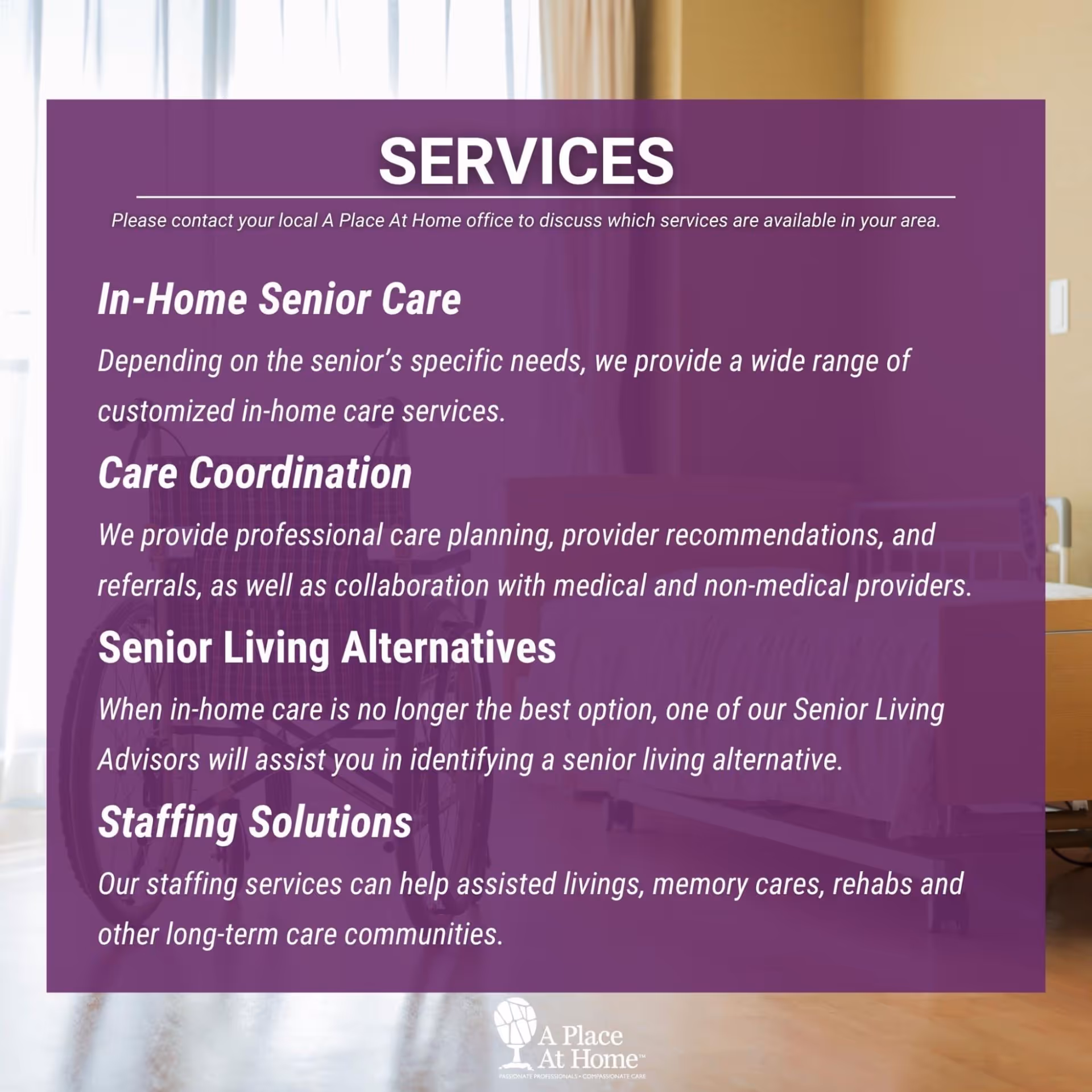 Purple information panel overlays a hospital-style room with a bed and window.