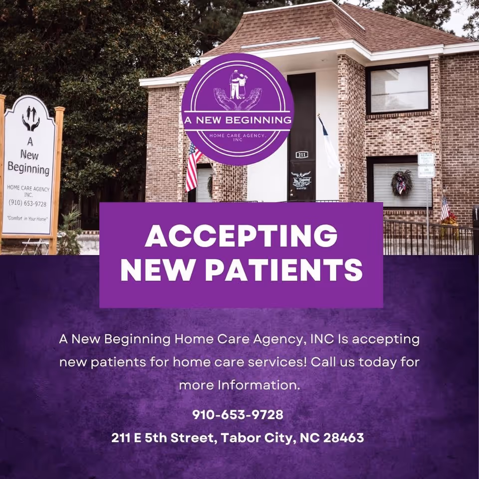 Front view of A New Beginning Home Care Agency building with large purple sign.