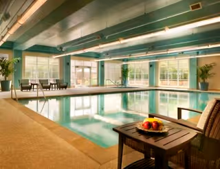 Indoor pool area with turquoise water, lounge chairs, potted plants, and large windows.