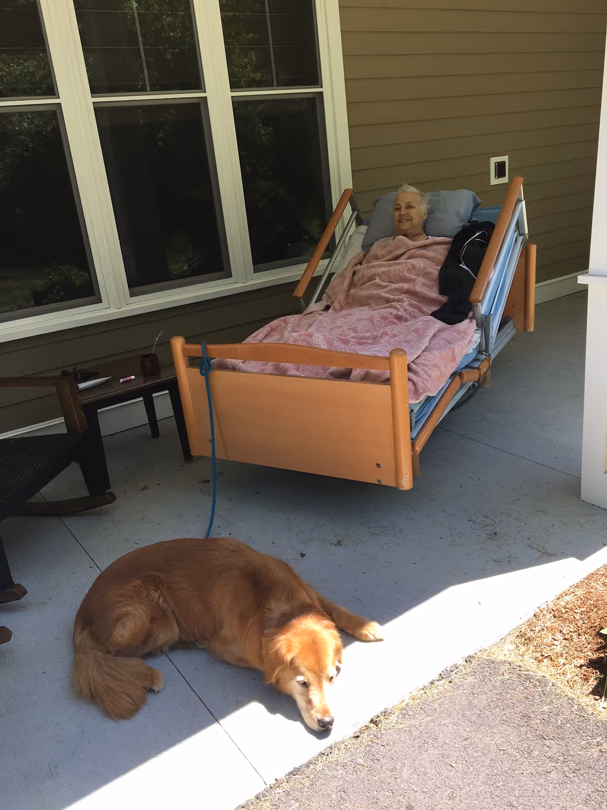 Senior person resting in a hospital bed on a shaded outdoor porch with a dog nearby.