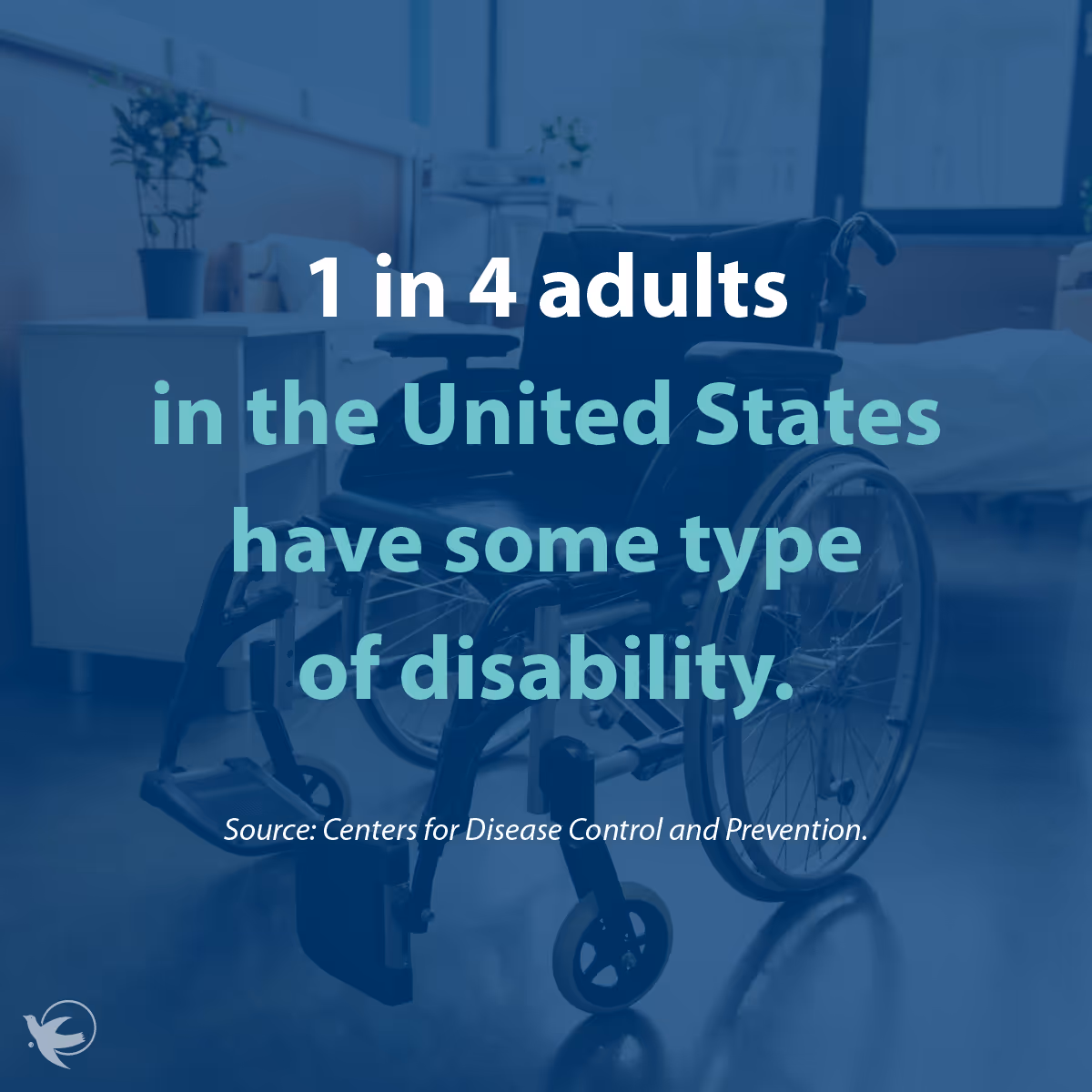 Wheelchair in a blue-tinted interior of a senior care facility.