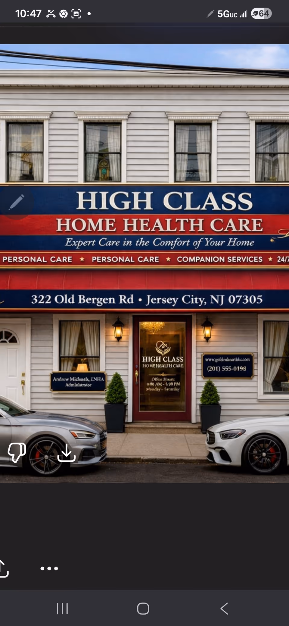 Front exterior of a building with High Class Home Health Care sign in Jersey City
