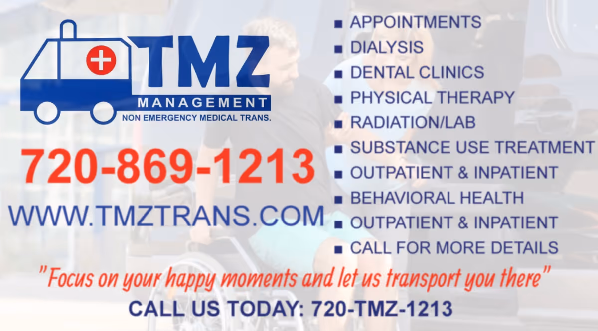Exterior TMZ Medical Transportation van with logo, contact number, website, and service list.