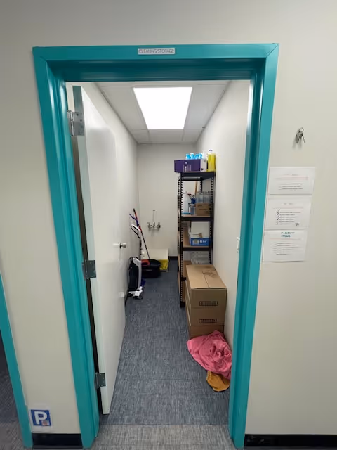 Narrow hallway storage closet with cleaning supplies and a cardboard box inside teal doorway.