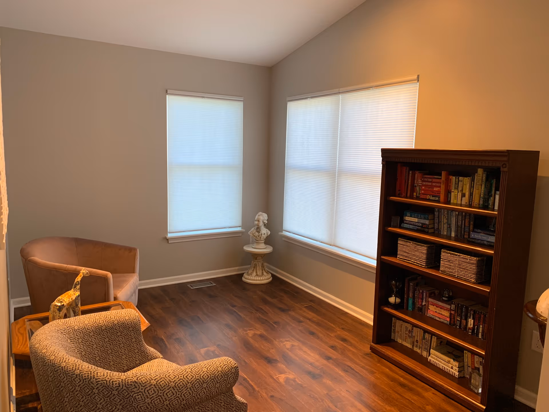 Cozy living room with two windows, blinds, a tall bookshelf, and two chairs.