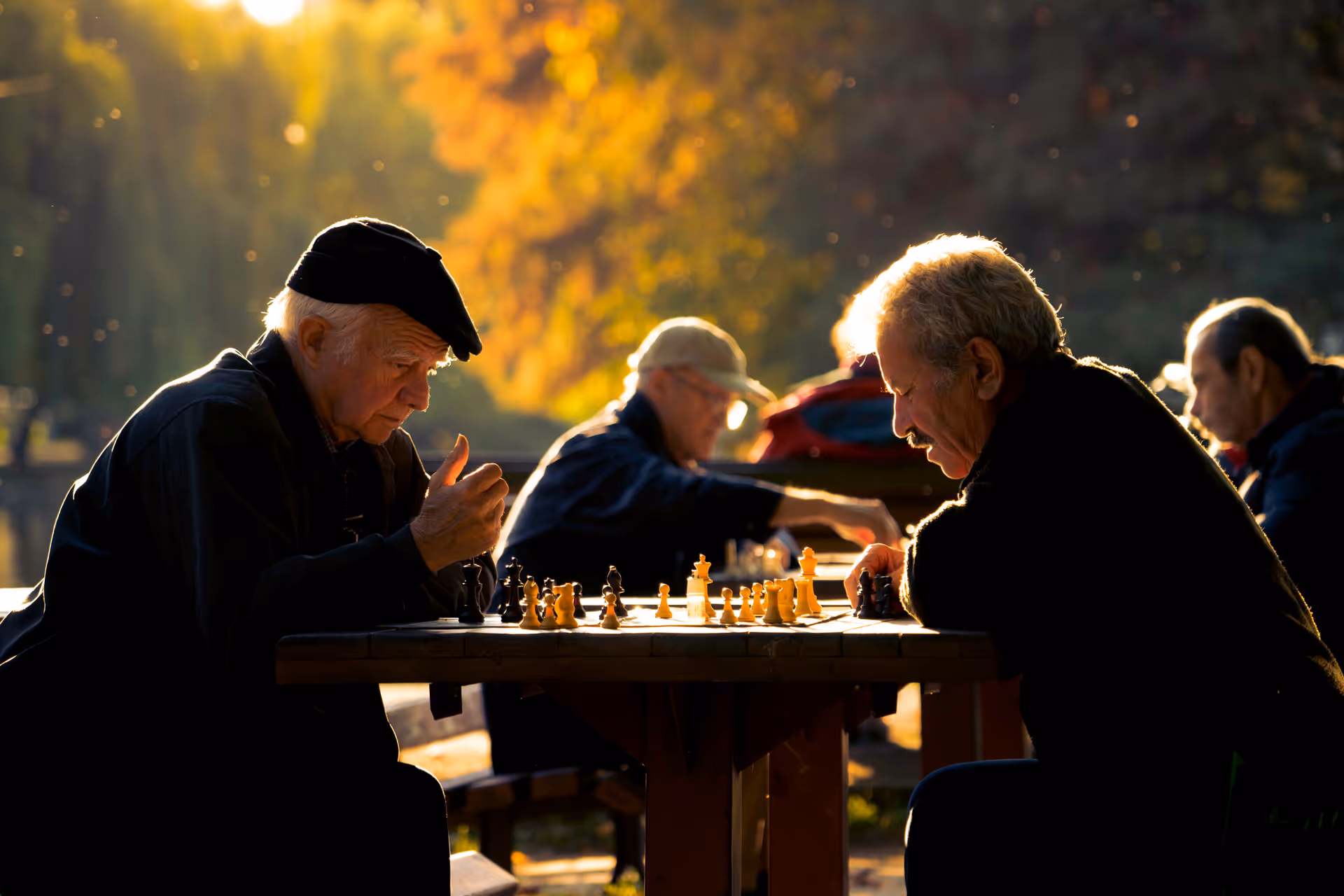 Two elderly men play chess at an outdoor park table bathed in warm autumn sunlight.