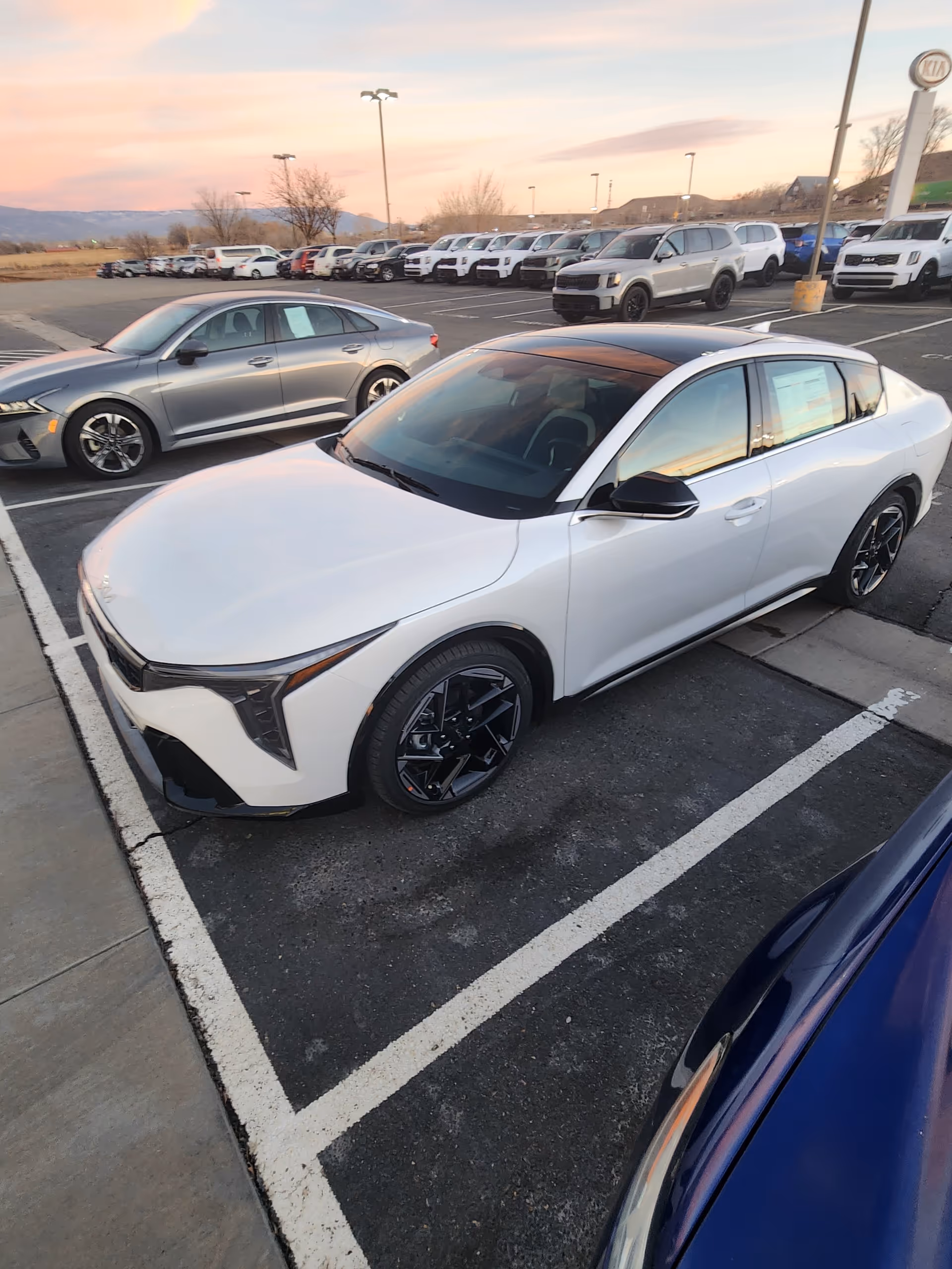 White sedan in a Kia dealership parking lot at sunset.