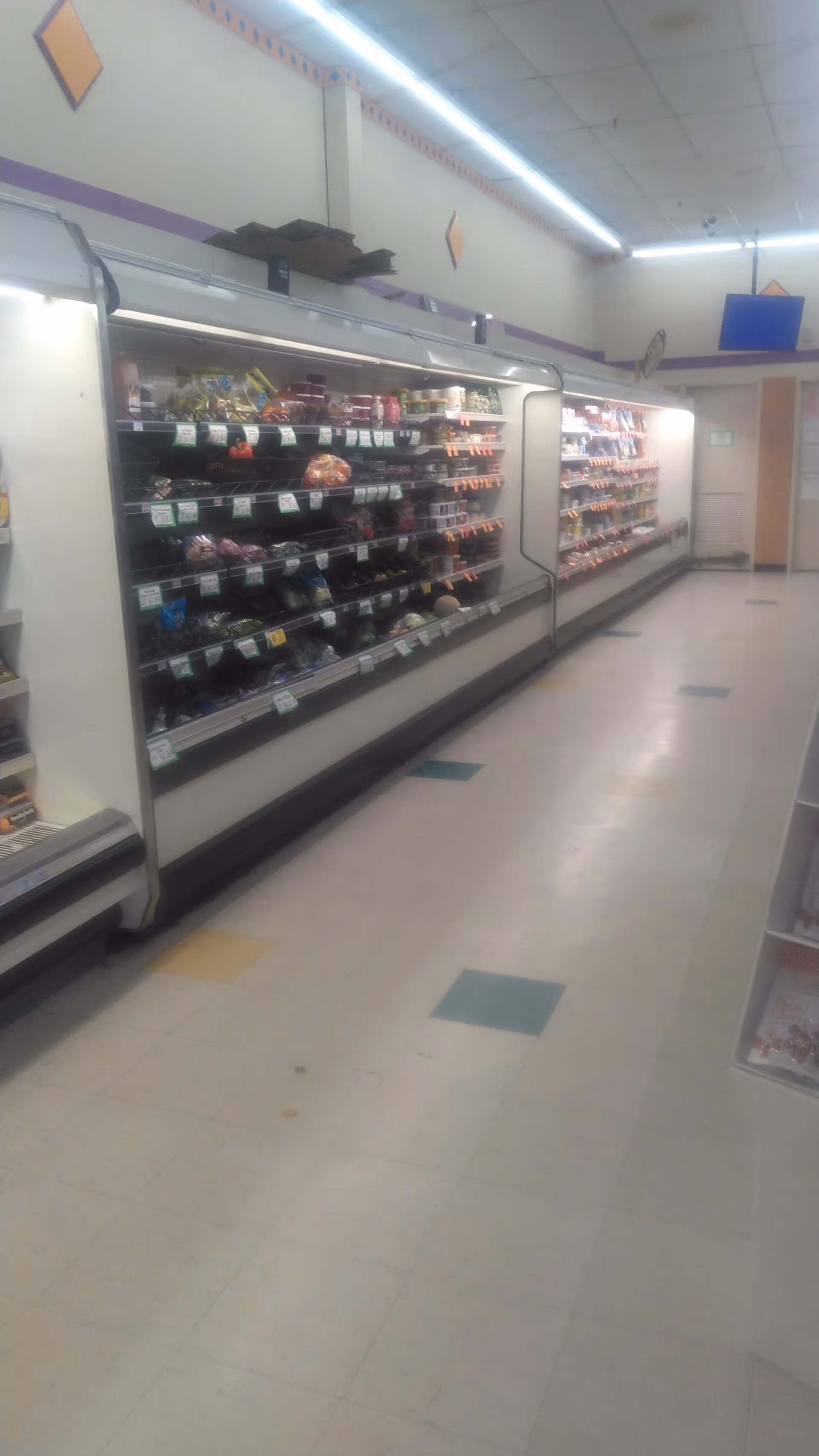 Inside a Discount Drug Mart, long refrigerated aisles stocked with groceries.