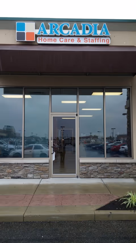 Arcadia Home Care & Staffing storefront with glass door and large front windows
