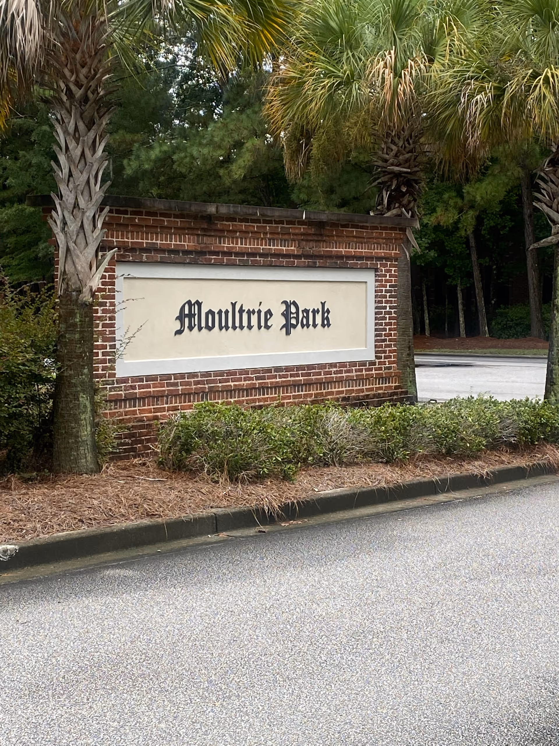 Brick sign reading 'Moultrie Park' framed by palm trees beside a driveway.