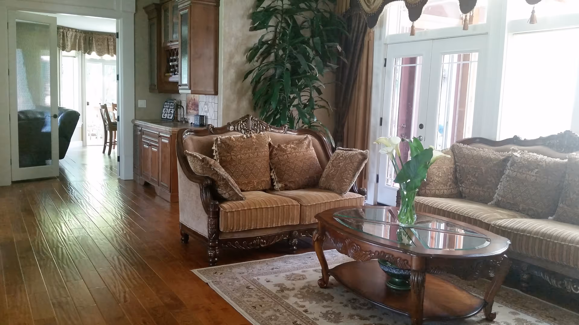 Elegant living room with ornate sofa set, glass coffee table, and potted plants.