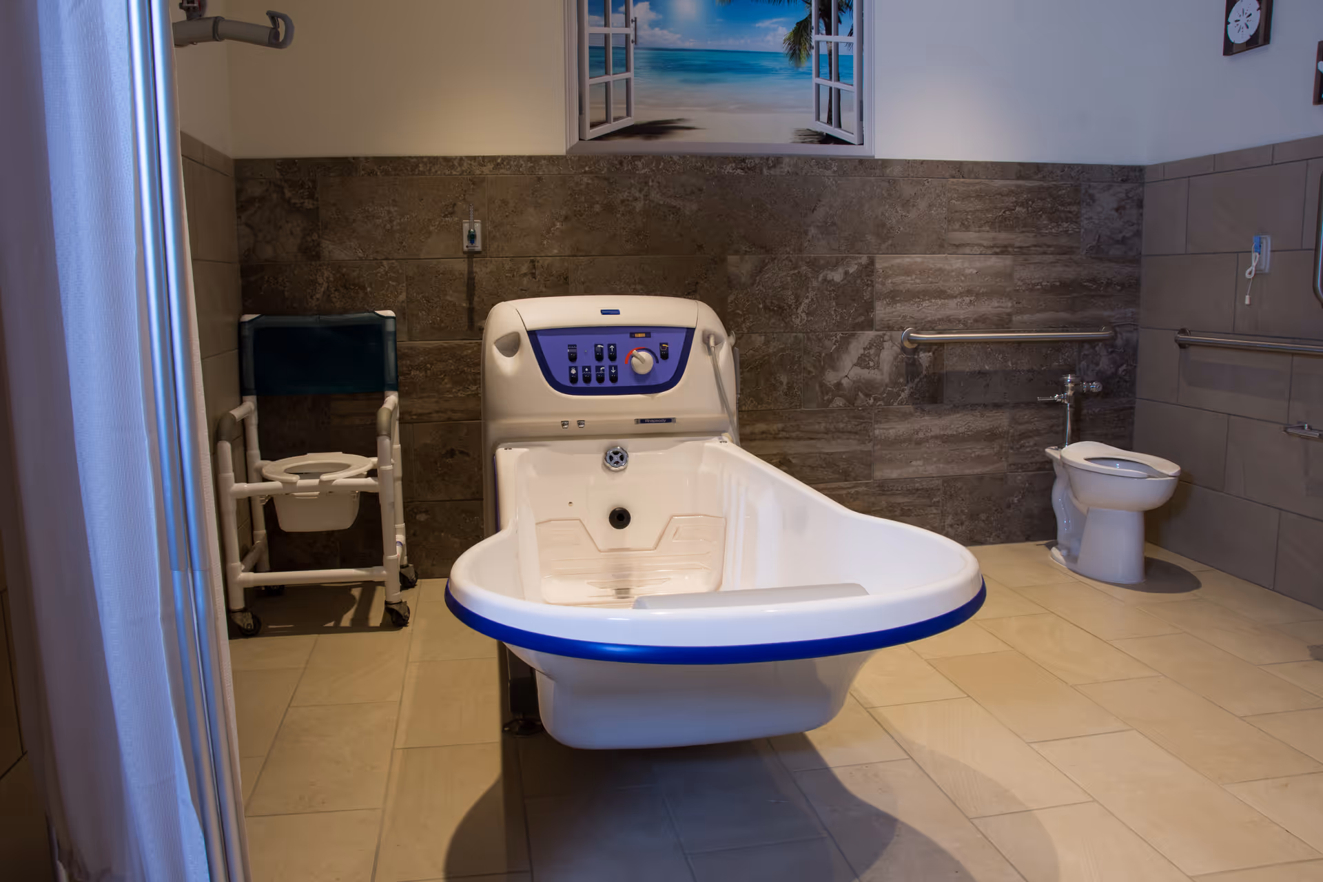 Accessible bathroom with a medical tub, walker, grab bars, and toilet.