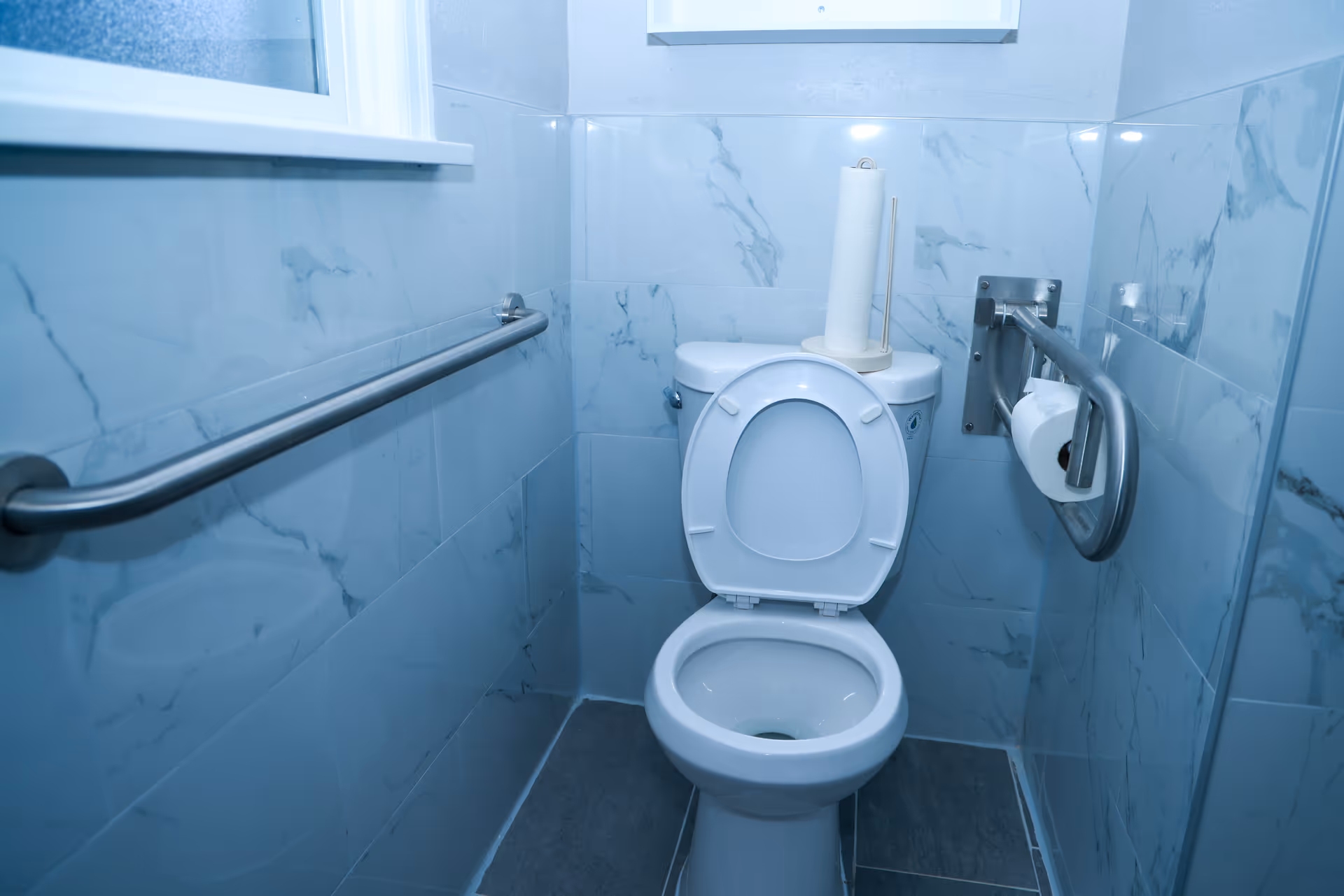 Accessible bathroom with toilet, grab bars, paper roll, and marble-tiled walls.