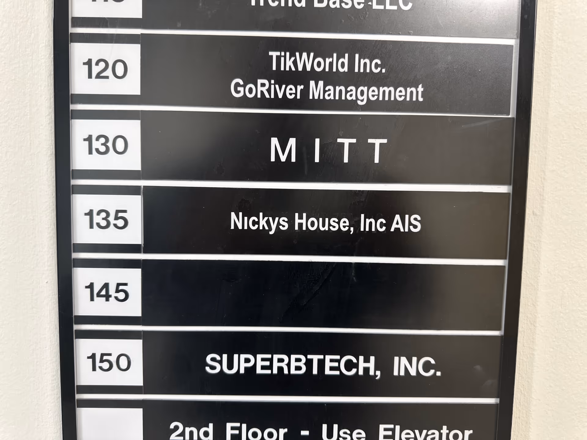 A directory sign on the wall lists tenants, including Nicky's House AIS.