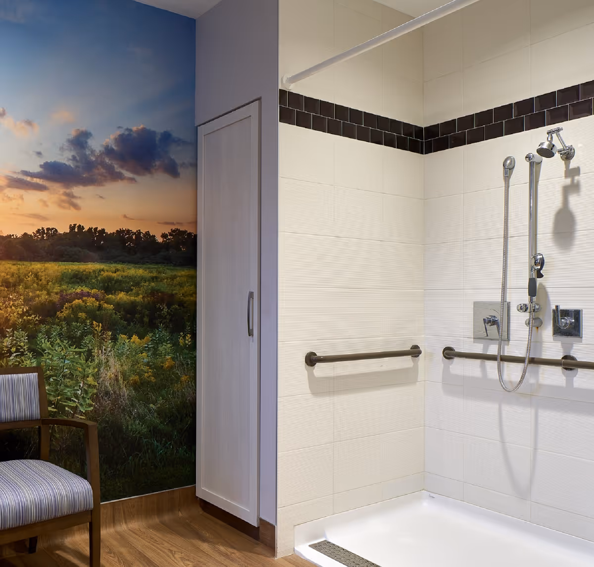 Accessible walk-in bathroom with grab bars and a nature mural.