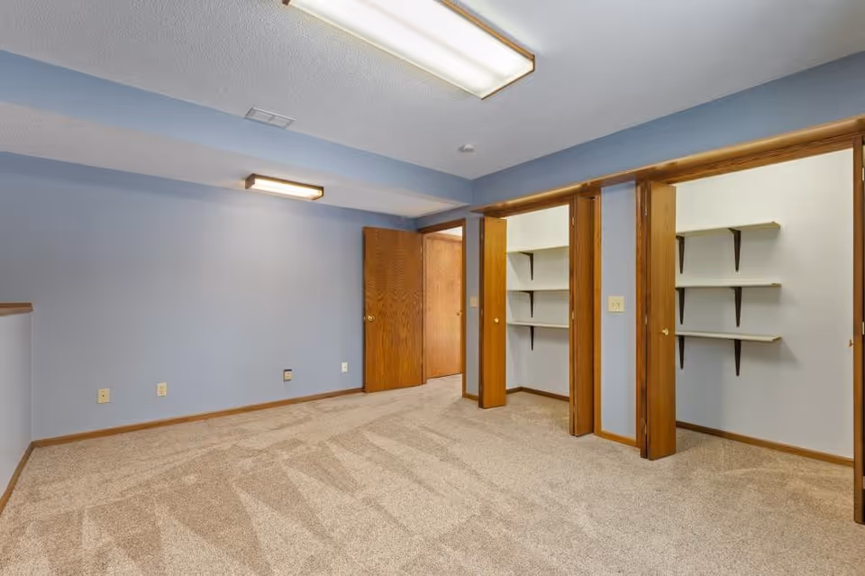 Empty basement-style room with blue walls, carpet, and open shelved closets along the right.