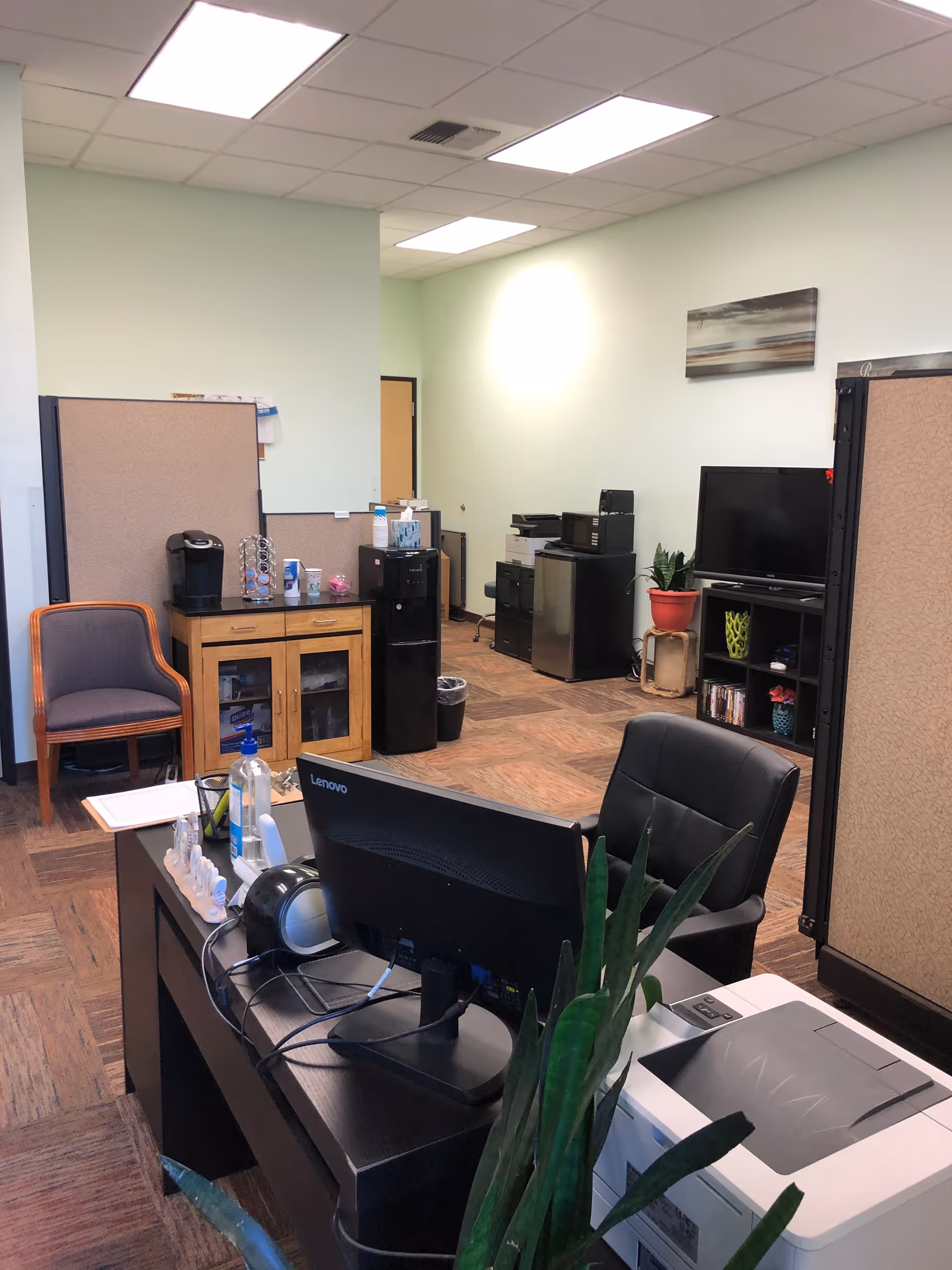 Interior office space with desk, cubicles, plant, water cooler, and printer.