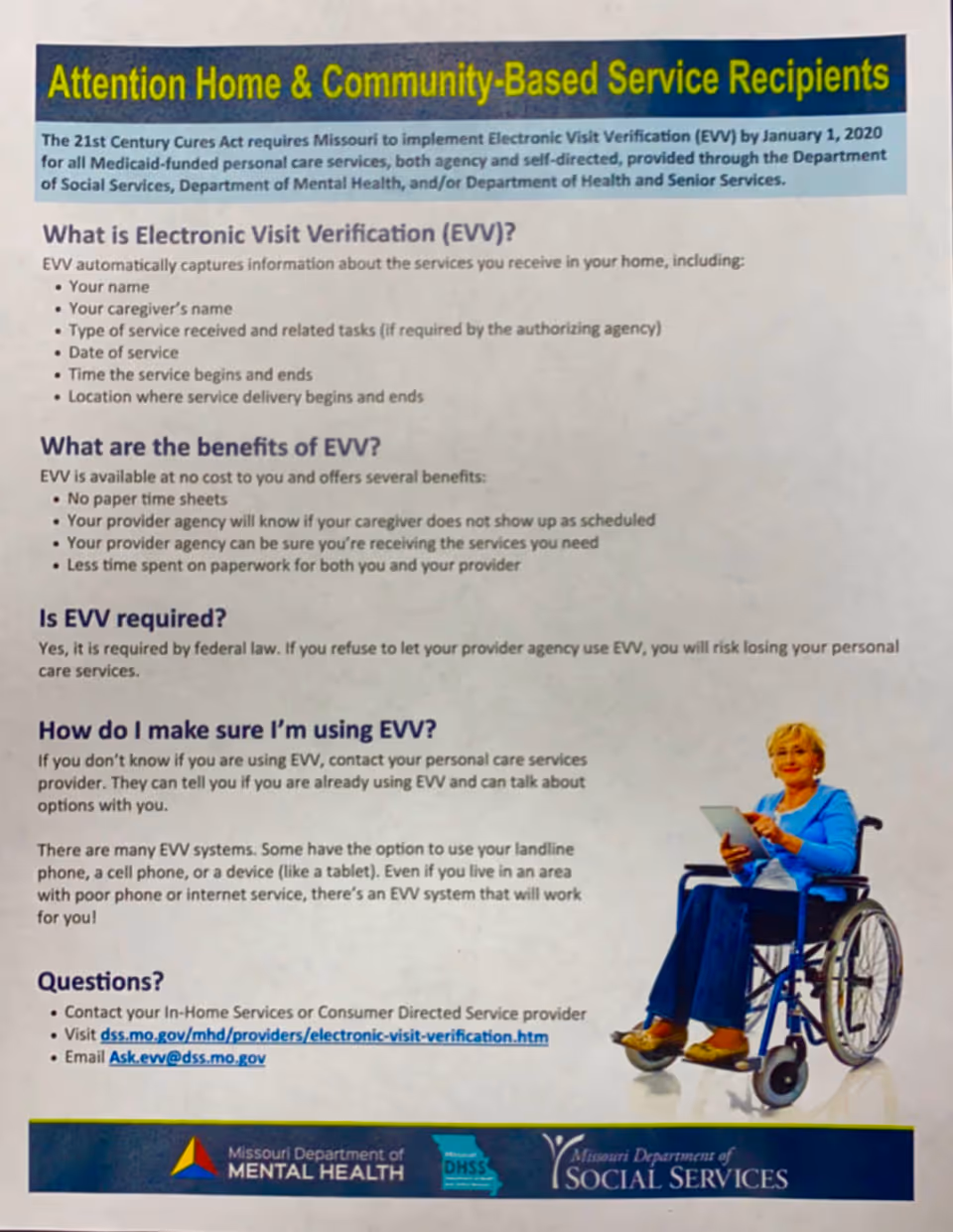 Informational poster about Electronic Visit Verification featuring a woman in a wheelchair.