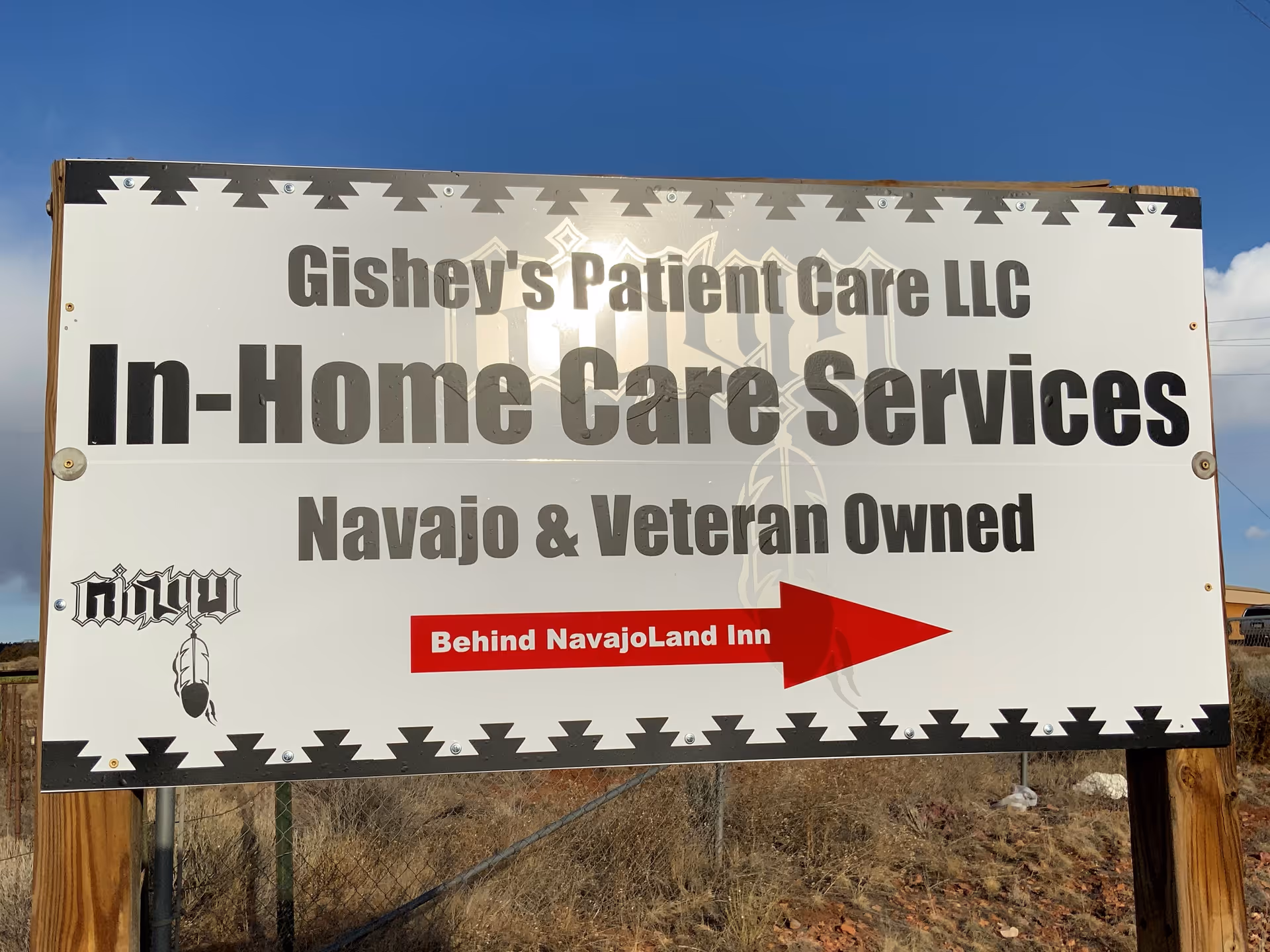 Large outdoor sign reads Gishey's Patient Care LLC In-Home Care Services and Navajo & Veteran Owned.