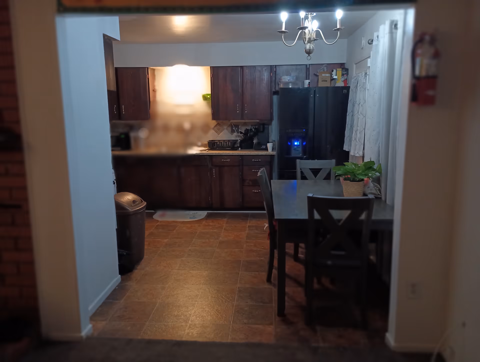 Cozy kitchen and dining area with dark cabinets, a chandelier, and a plant on the table.