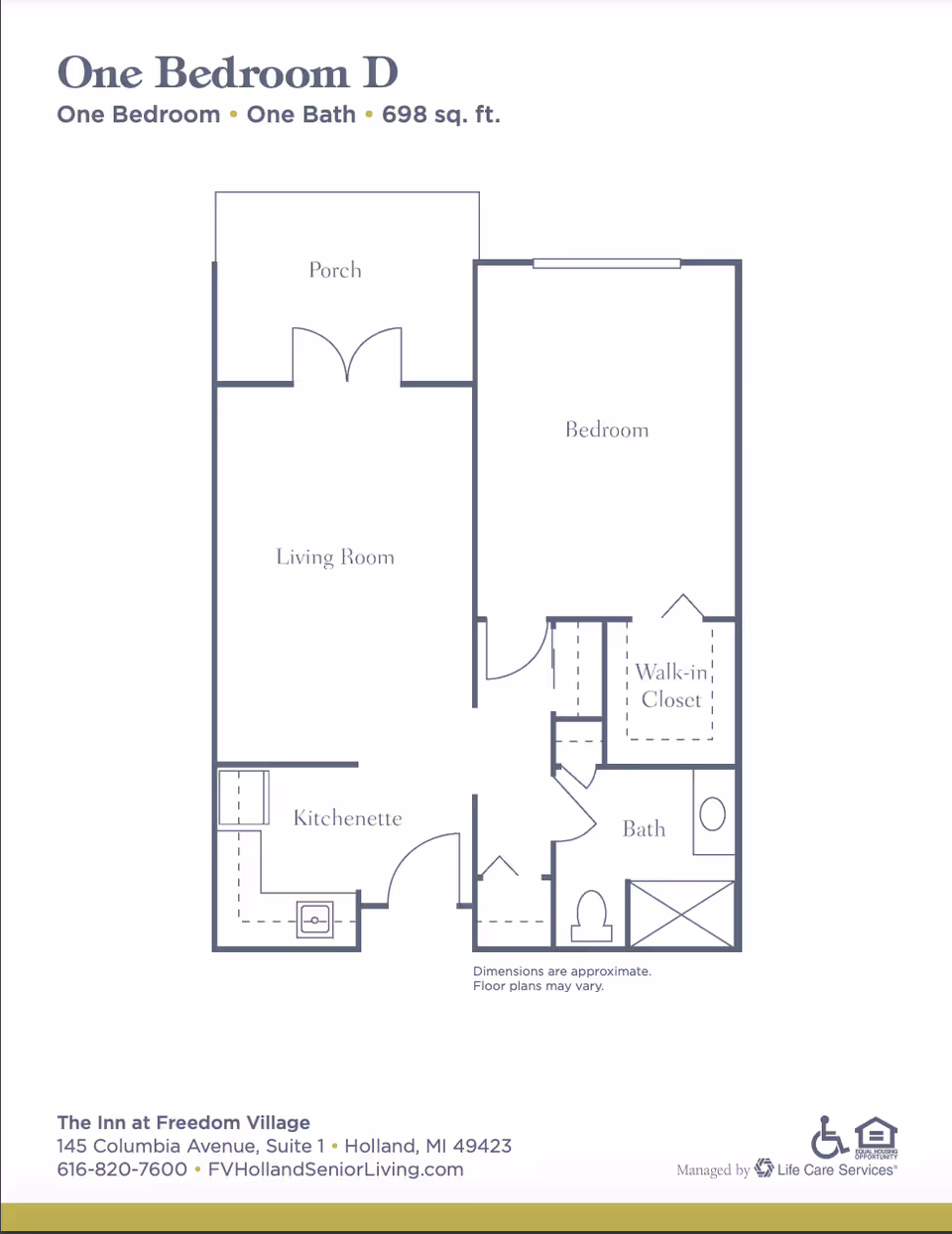 Floor plan of a one-bedroom apartment at The Inn at Freedom Village.