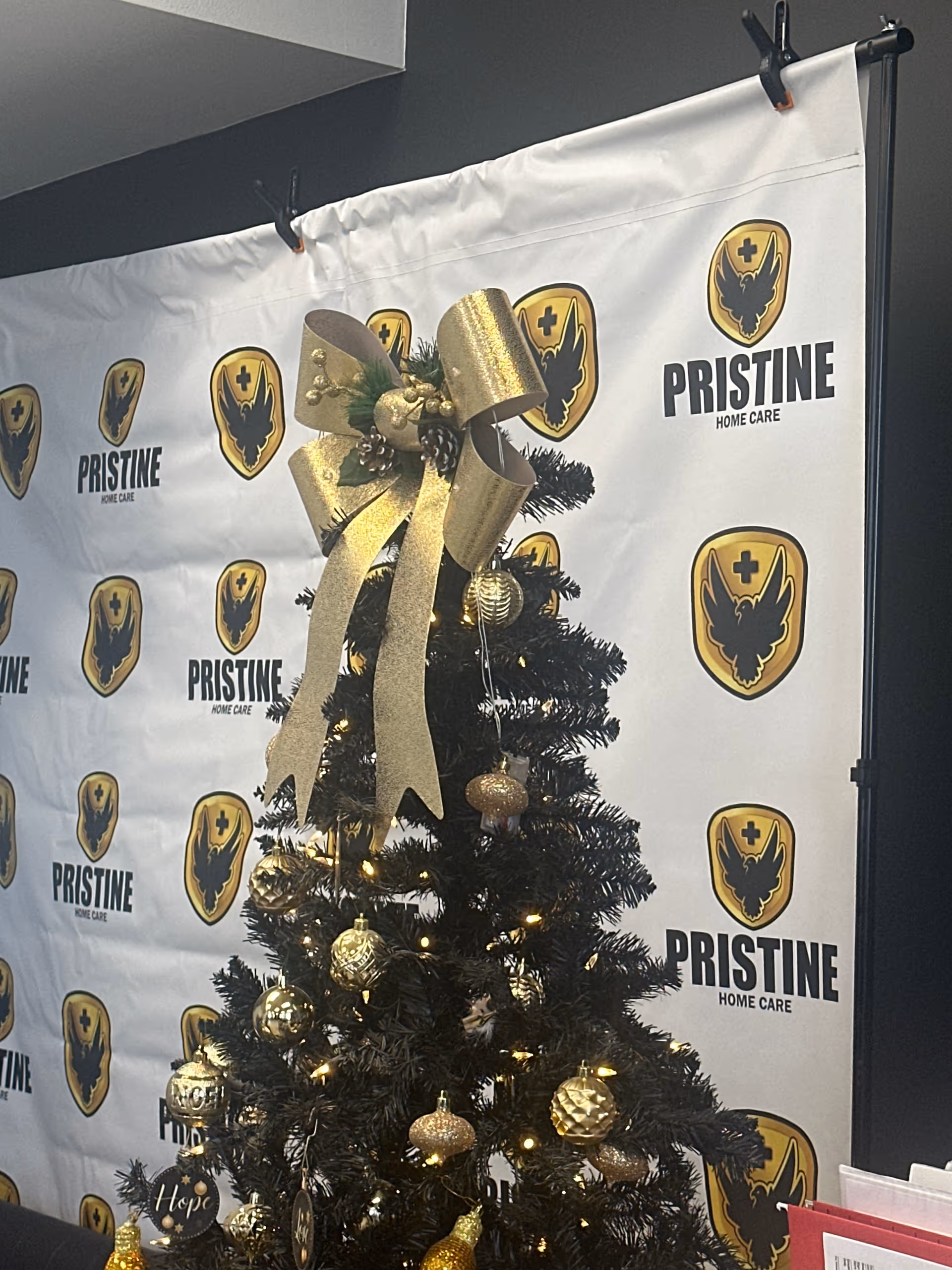 A decorated Christmas tree stands before a Pristine Home Care branded backdrop.