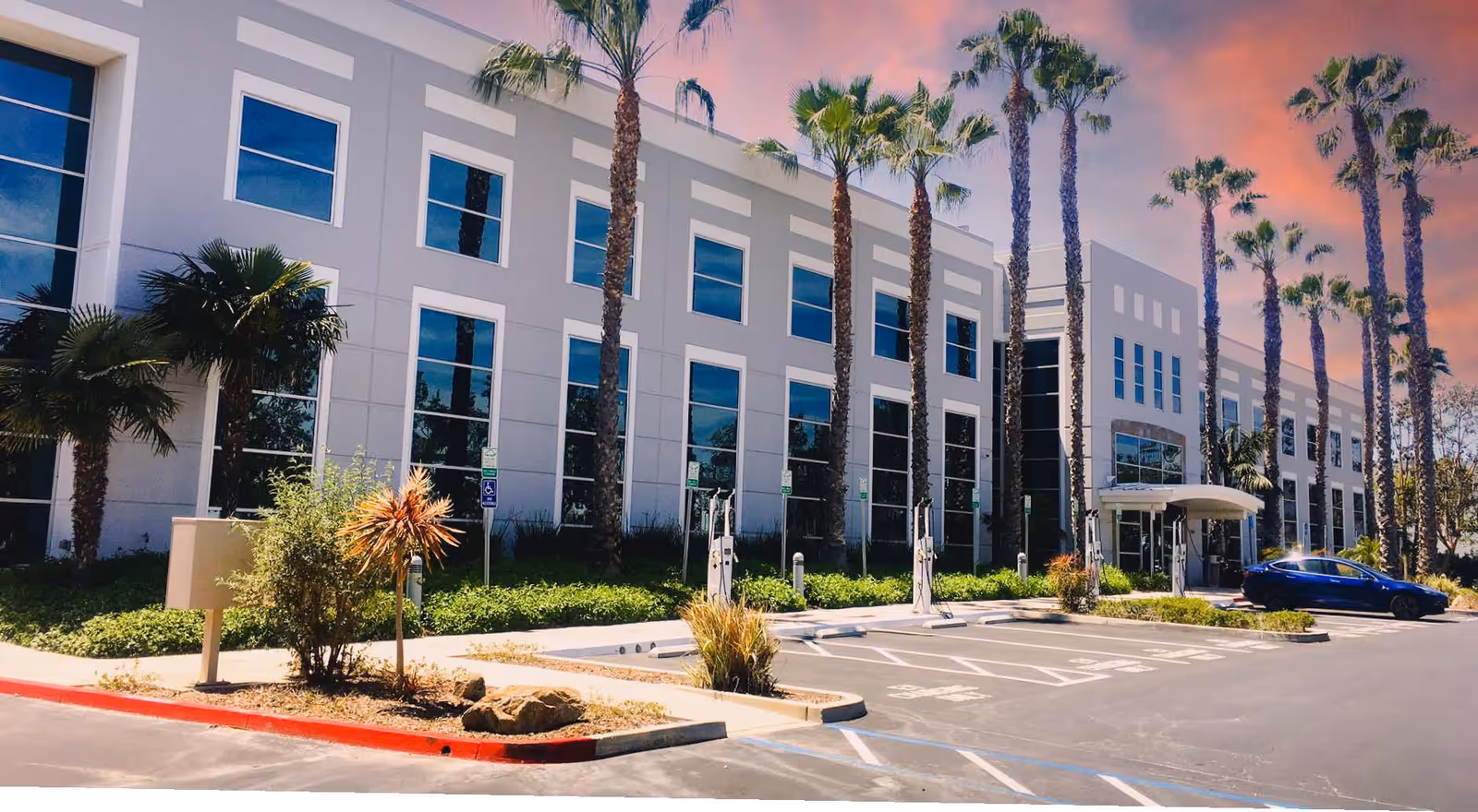 Exterior view of a modern senior living facility with tall palm trees and parking area.