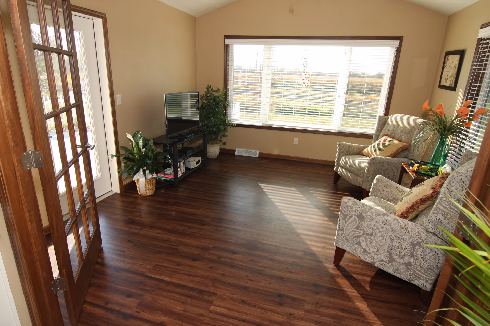 Bright living room with wood floors, TV stand, plants, and two patterned armchairs by a window.