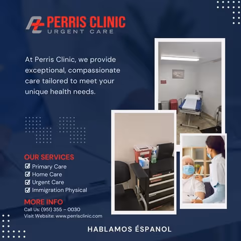Blue Perris Clinic flyer showing exam room photos and service information