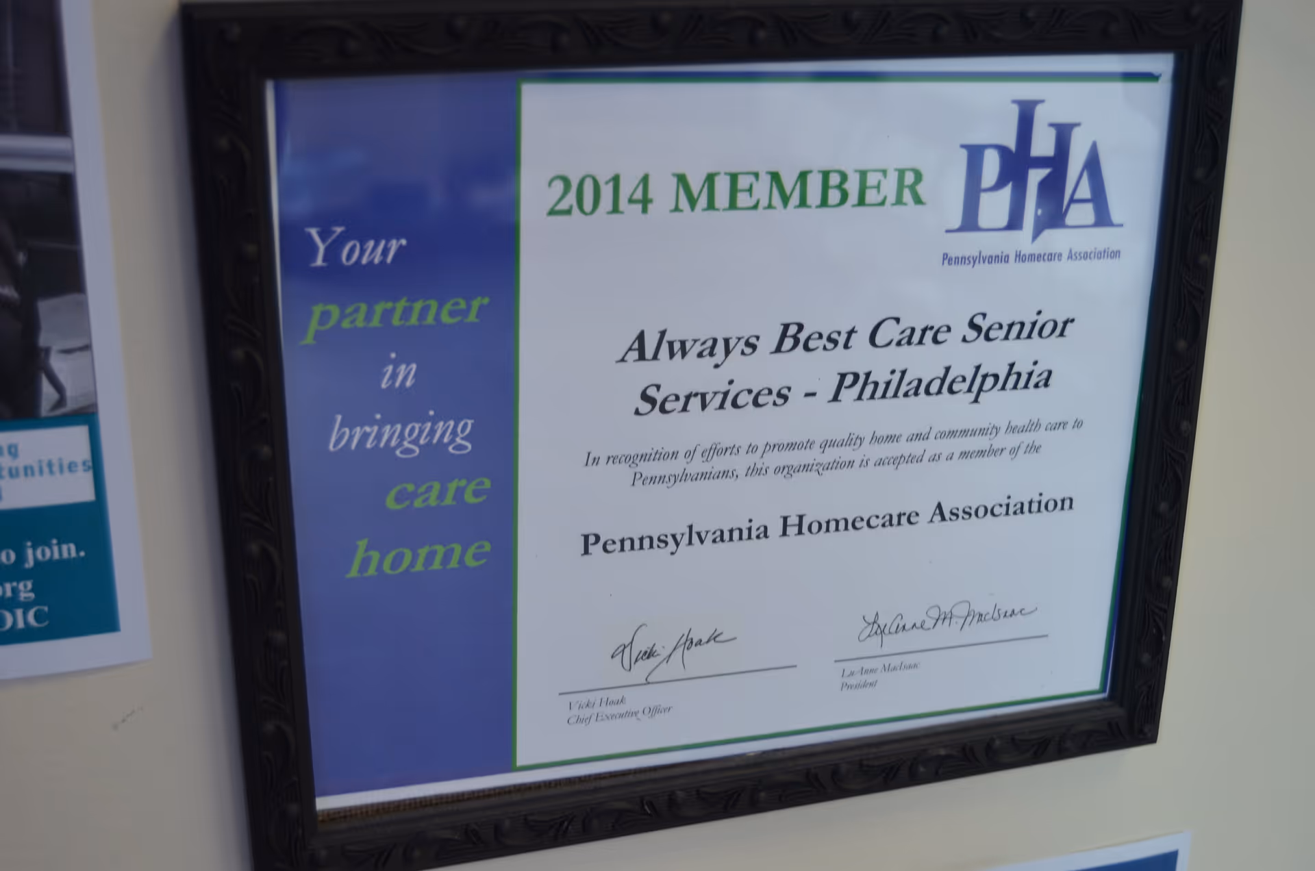 Framed certificate on wall honoring Always Best Care Senior Services.