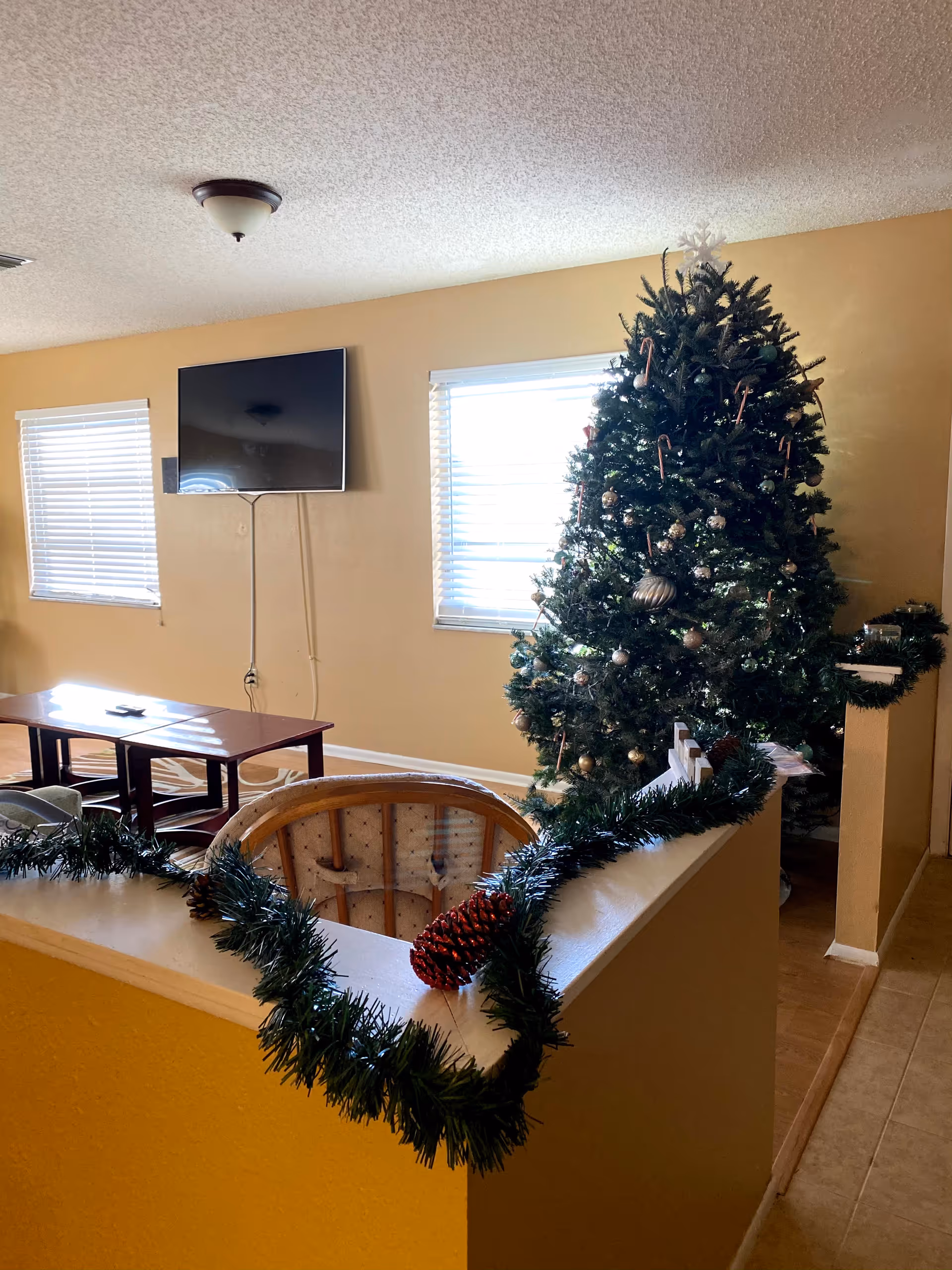 Indoor common area with Christmas tree, garland, a wall-mounted TV, and seating.