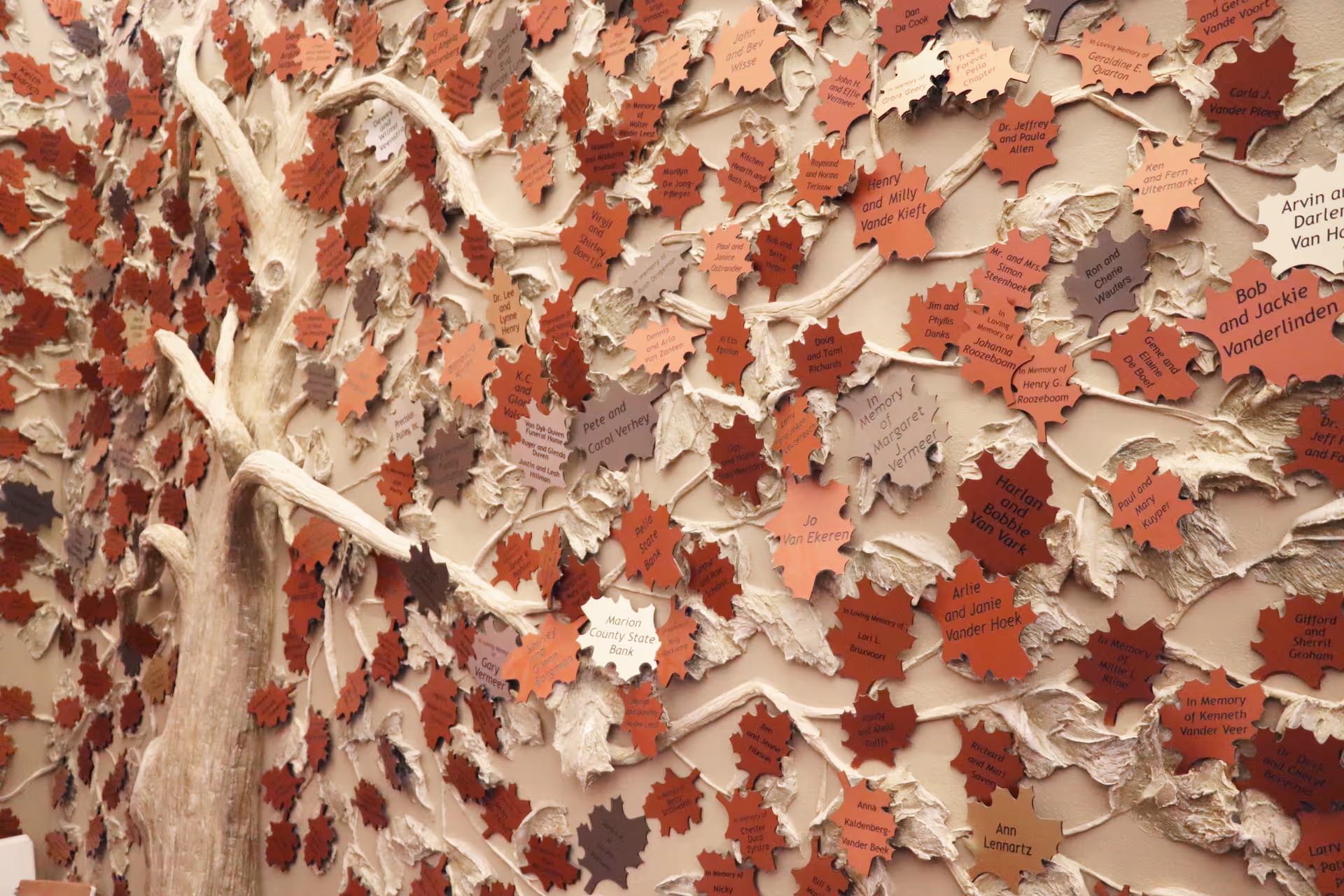Indoor wall installation featuring numerous leaf-shaped notes attached to a tree sculpture.