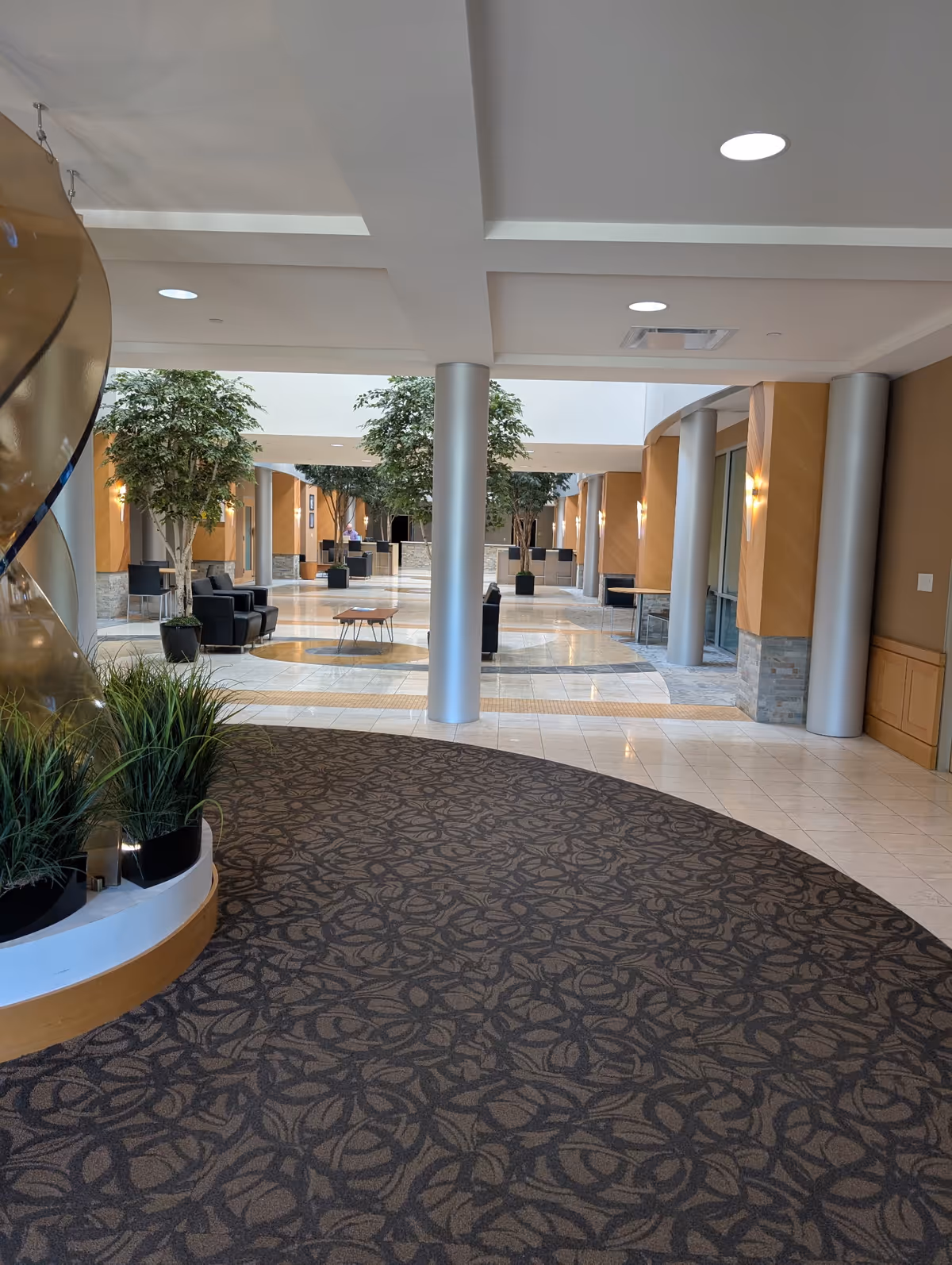 Modern interior lobby with seating areas, plants, pillars, and a curved patterned carpet.