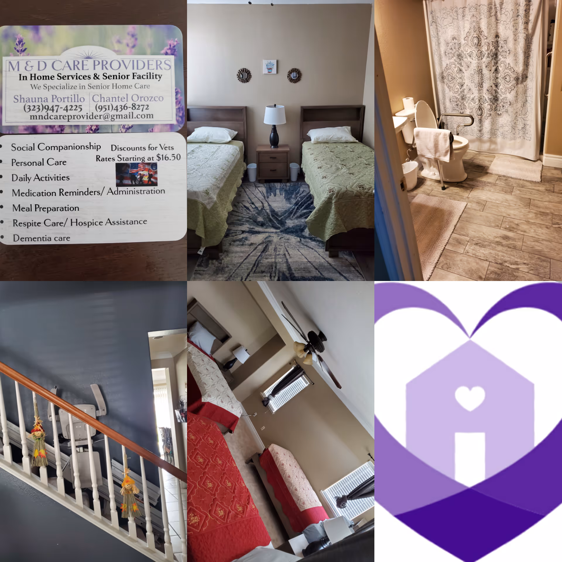 Interior collage shows facility sign, twin bedrooms, bathroom, staircase, and logo.