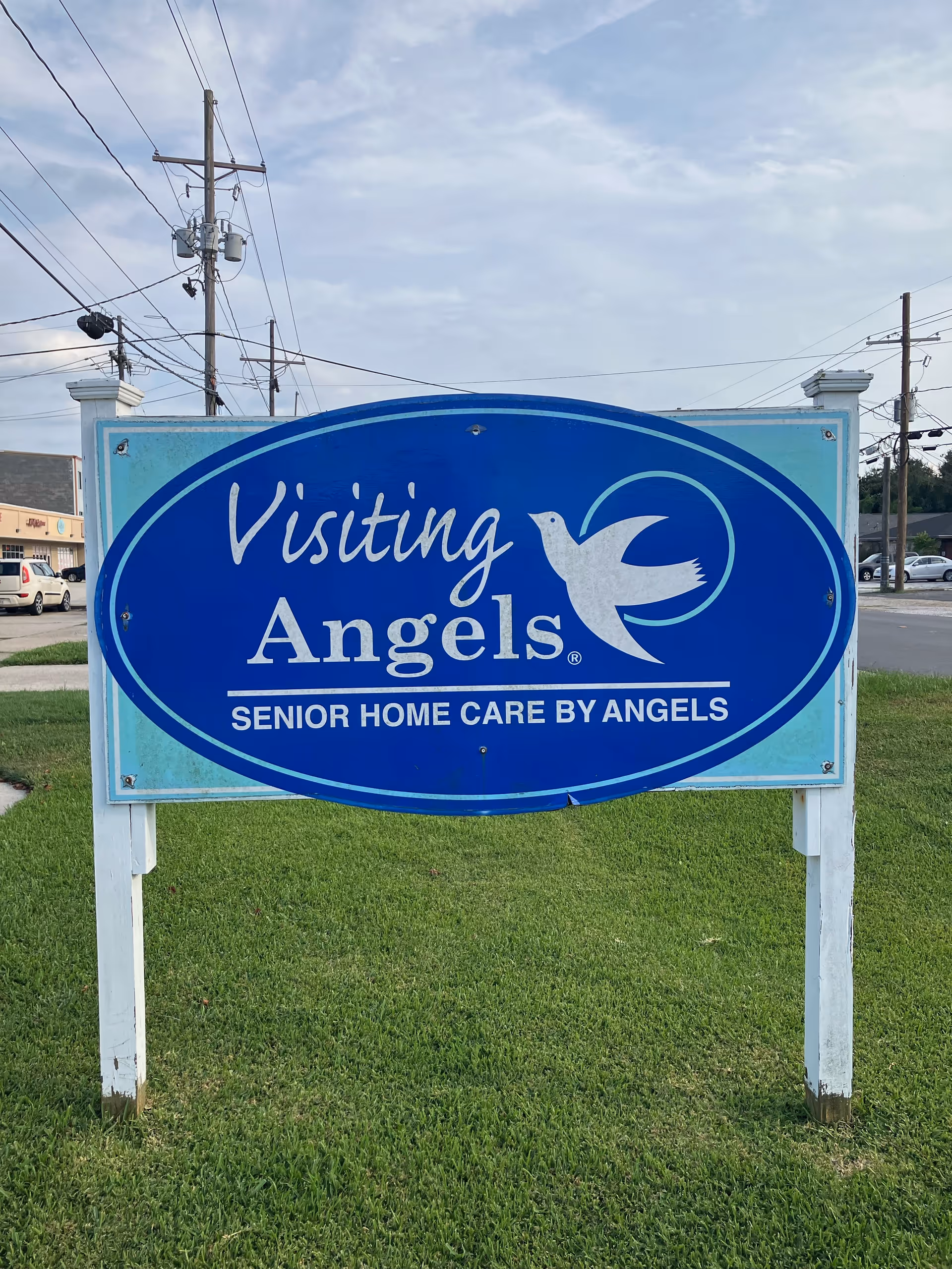 Blue oval Visiting Angels sign on white posts in a grassy area.