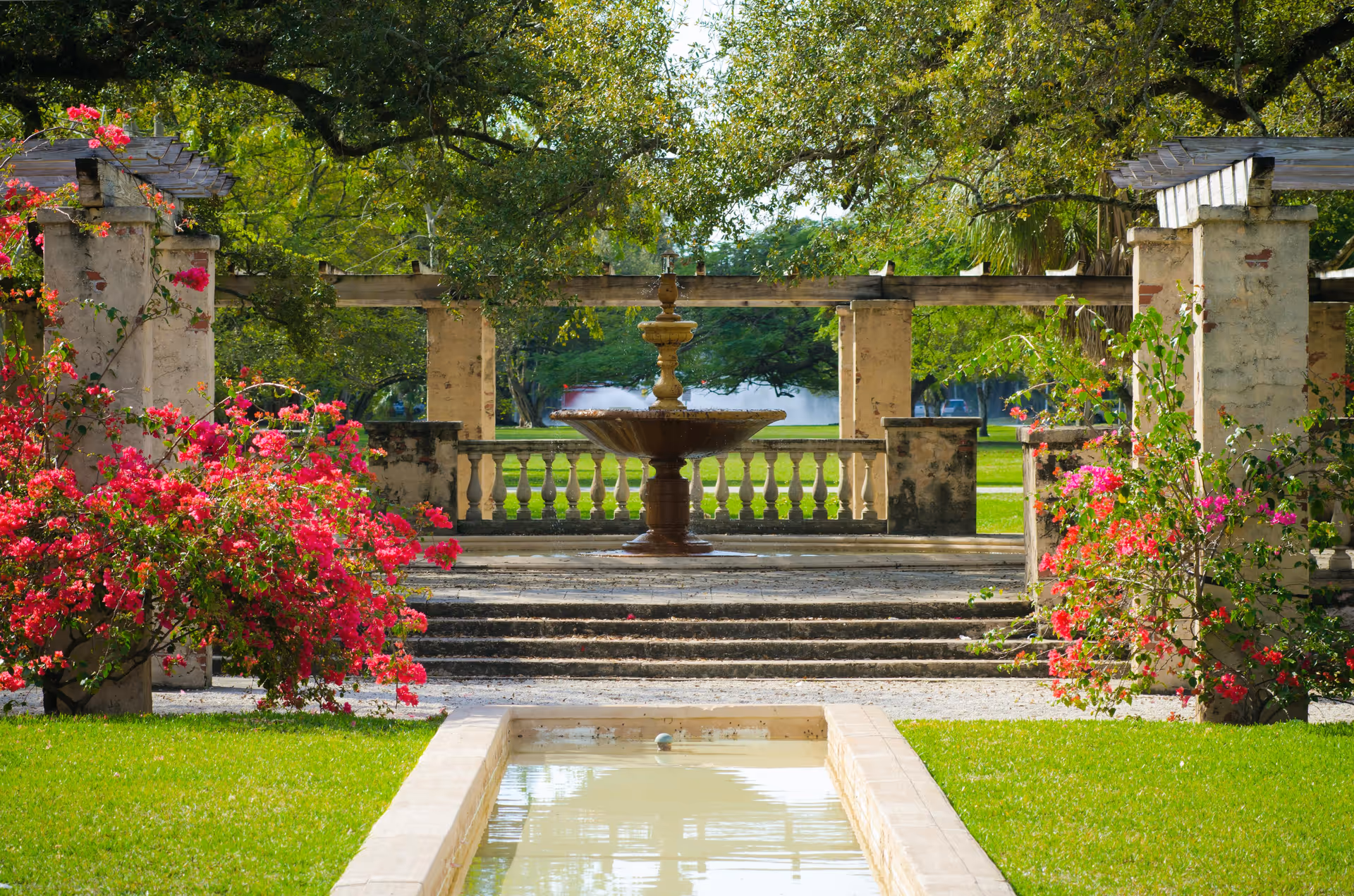 Outdoor garden featuring a central fountain, stone steps, and pink rose bushes.