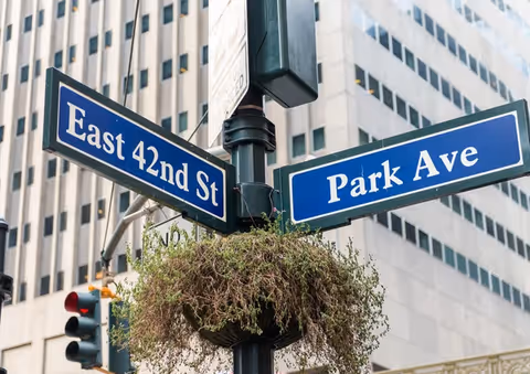 Street corner with East 42nd St and Park Ave signs, hanging planter in foreground.