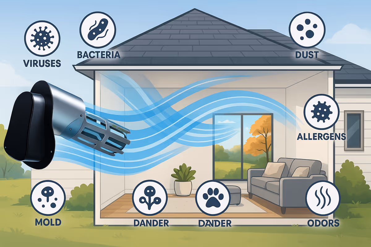 Illustrated cross-section of a living room with a spray device and airborne contaminants icons.