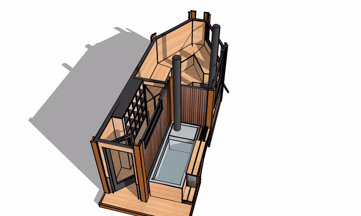 3D render of a wooden sauna interior with benches, glass door, and heater.