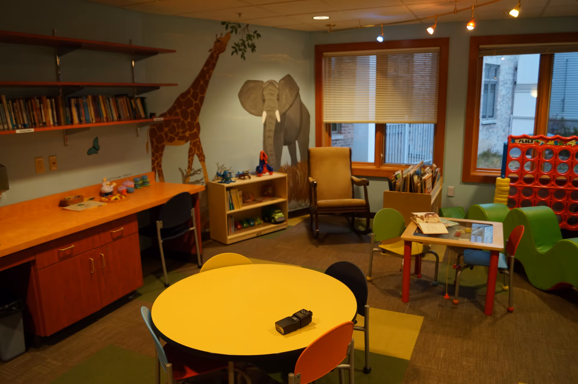 Colorful indoor play area with round table, shelves, and animal mural.