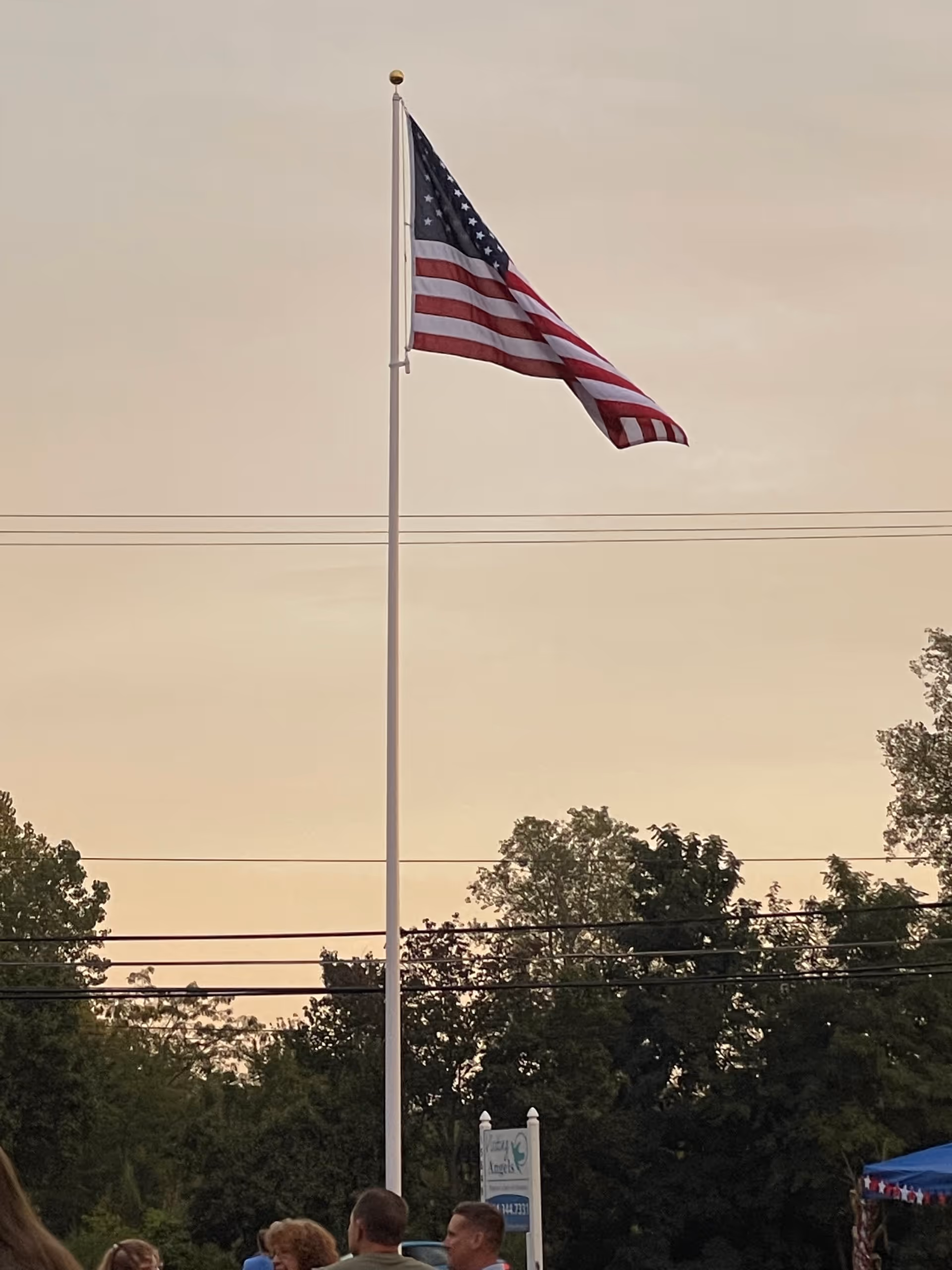 Outdoor scene with a waving American flag on a tall pole, trees, and people nearby.