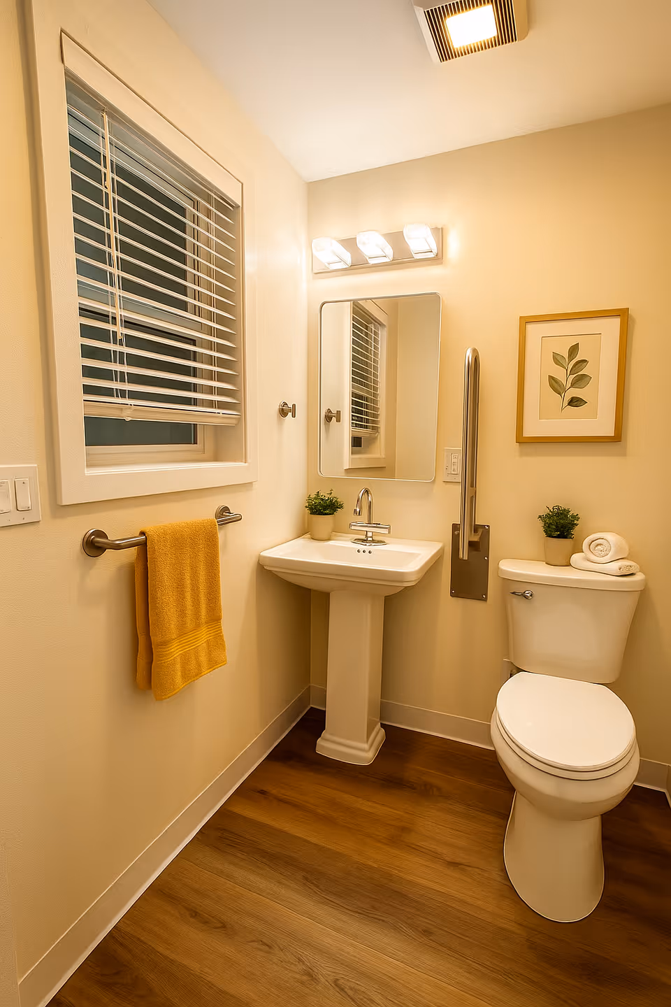 Small bathroom with pedestal sink, toilet, mirror, towel, window, and framed plant artwork.