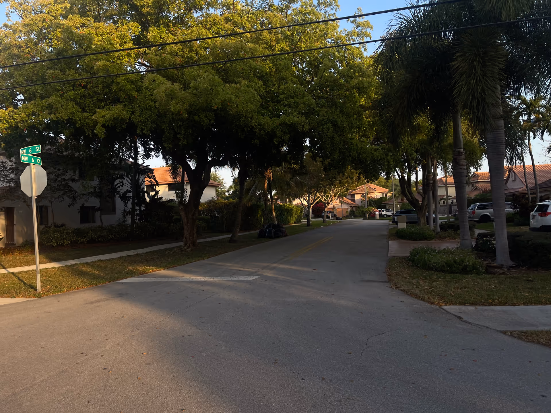 A quiet suburban street lined with trees, houses, and parked cars.