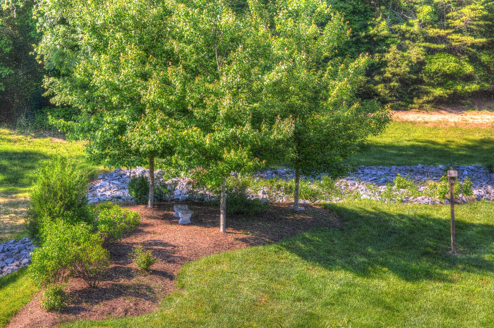 Outdoor garden with trees, shrubs, and stone border at Burnett Calvert Hospice House.