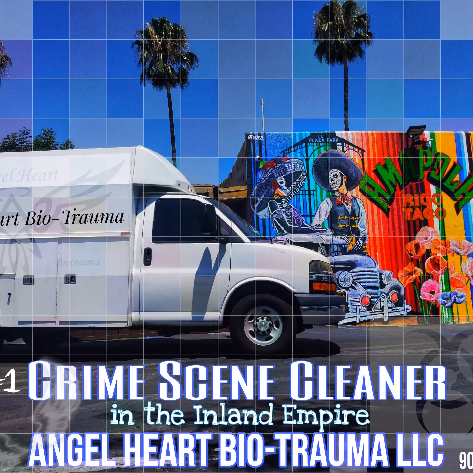 White van labeled Angel Heart Bio-Trauma beside a colorful mural with skeletons.