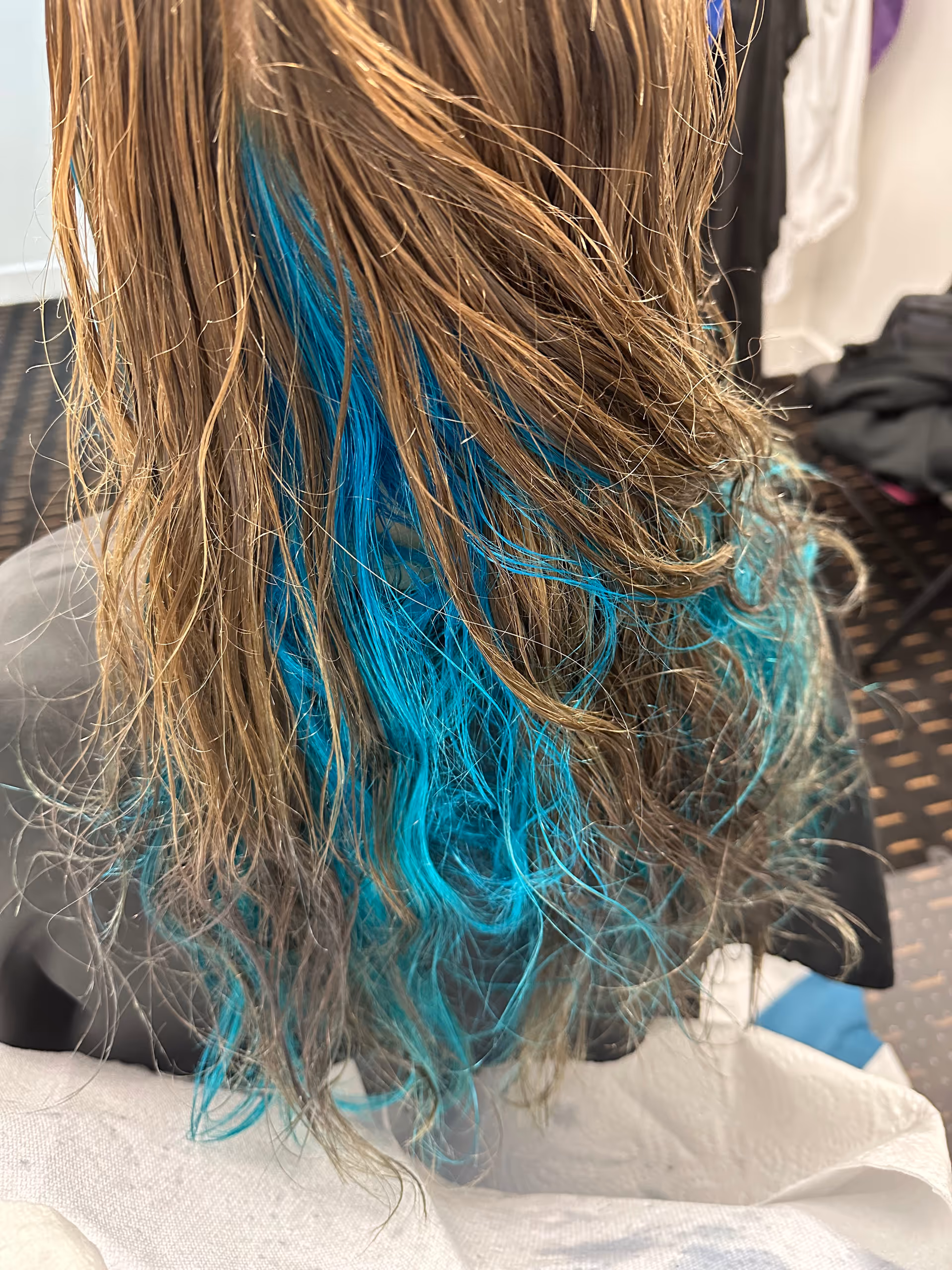 Back of person with turquoise-dyed hair seated in an indoor salon setting.