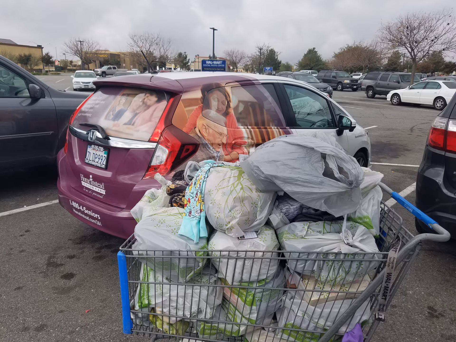 Purple Home Instead Senior Care van beside a cart overflowing with bags in a parking lot.